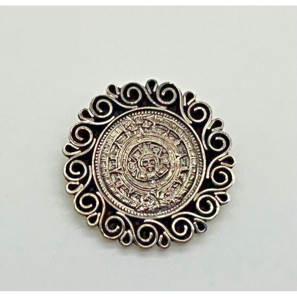 Taxco Sterling Silver Aztec Calendar Pendant Brooch Pin AVG Overlay Ornate Rim - Picture 1 of 2